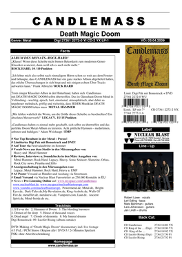 CANDLEMASS Death Magic Doom Genre: Metal Digi 27361 2272-0 YI CD-2 YX LP-1 VÖ: 03.04.2009