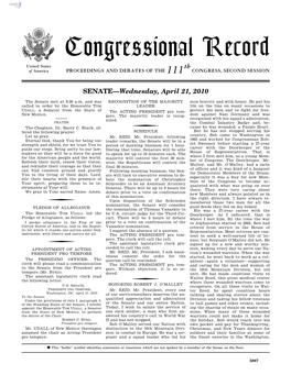 Congressional Record United States Th of America PROCEEDINGS and DEBATES of the 111 CONGRESS, SECOND SESSION