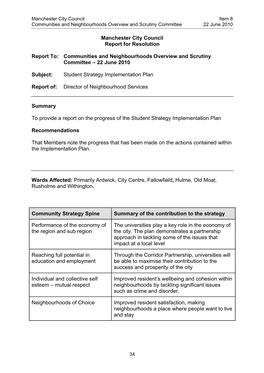 Report on the Student Strategy Implementation Plan to Communities and Neighbourhoods Overview and Scrutiny Committee on 22 June