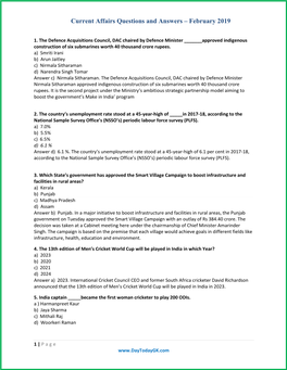 Current Affairs Questions and Answers – February 2019