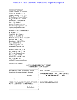 James Newman, Et Al. V. Ascena Retail Group, Inc., Et Al. 19-CV-13529-Complaint for Violation of the Federal Securities Laws