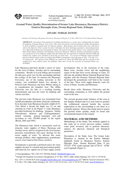 Ground Water Quality Determination of Former Lake Haramaya, Haramaya District, Eastern Haranghe Zone, Oroma Regional State, Ethiopia