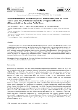 Holocephali: Chimaeriformes) from the Pacific Coast of Costa Rica, with the Description of a New Species of Chimera (Chimaeridae) from the Eastern Pacific Ocean