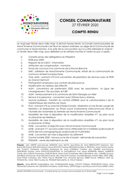 Compte Rendu Du Conseil Communautaire Du 27 Février 2020