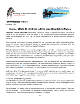 For Immediate Release Cases of COVID-‐19 Identified in Little Grand