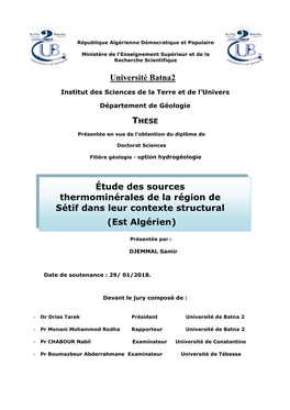Étude Des Sources Thermominérales De La Région De Sétif Dans Leur Contexte Structural (Est Algérien)