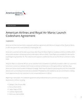 American Airlines and Royal Air Maroc Launch Codeshare Agreement