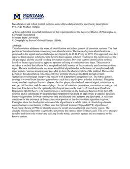 Identification and Robust Control Methods Using Ellipsoidal Parametric Uncertainty Descriptions by Steven Michael Hietpas a Thes