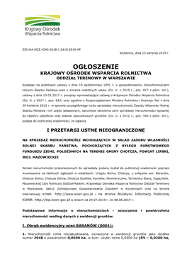 OGŁOSZENIE KRAJOWY OŚRODEK WSPARCIA ROLNICTWA ODDZIAŁ TERENOWY W WARSZAWIE Działając Na Podstawie Ustawy Z Dnia 19 Października 1991 R