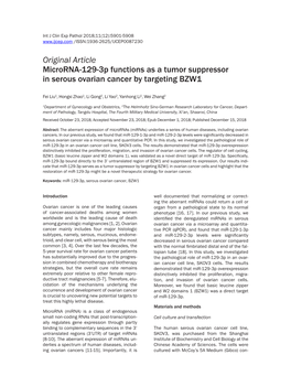 Original Article Microrna-129-3P Functions As a Tumor Suppressor in Serous Ovarian Cancer by Targeting BZW1