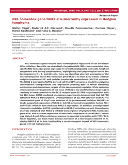 NKL Homeobox Gene NKX2-2 Is Aberrantly Expressed in Hodgkin Lymphoma