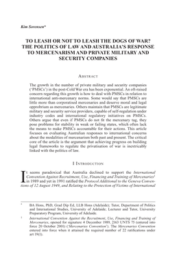 To Leash Or Not to Leash the Dogs of War? the Politics of Law and Australia’S Response to Mercenarism and Private Military and Security Companies