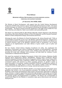 Press Release 4Th Jan 2012, New Delhi, India: the Ministry of Rural