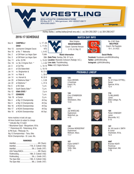 2016-17 SCHEDULE MATCH DAY INFO West Virginia No