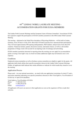 64Th Lindau Nobel Laureate Meeting – Accomodation Grants for Eusja Members