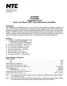 NTE858M NTE858SM Integrated Circuit Dual, Low–Noise JFET–Input Operational Amplifier