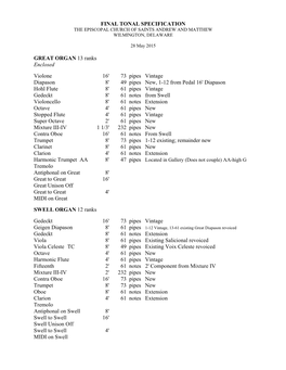 FINAL TONAL SPECIFICATION GREAT ORGAN 13 Ranks Enclosed