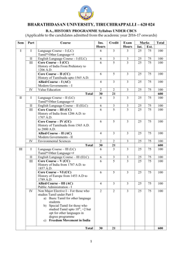 620 024 B.A., HISTORY PROGRAMME Syllabus UNDER CBCS (Applicable to the Candidates Admitted from the Academic Year 2016-17 Onwards)