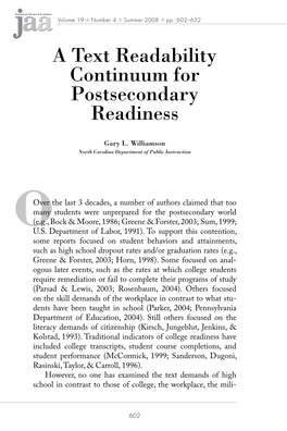 A Text Readability Continuum for Postsecondary Readiness