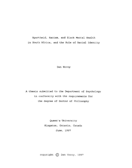 Apartheid, Racisrn, and Black Mental Kealth in South Africa, and the Role of Racial Identity