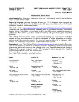 BOARD of REGENTS AUDIT/COMPLIANCE and INVESTMENT COMMITTEE 4 STATE of IOWA JUNE 8, 2011 Contact: Andrea Anania IOWA PUBLIC RADI