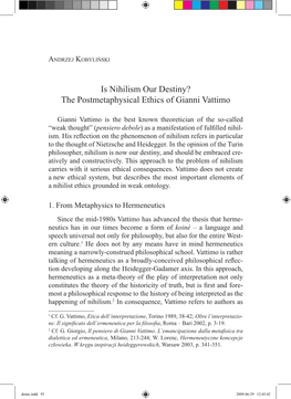 The Postmetaphysical Ethics of Gianni Vattimo