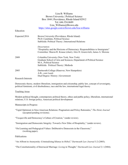 Liza B. Williams Brown University | Political Science Box 1844 | Providence, Rhode Island 02912 Tel. 646.354.0689 Liza Williams@