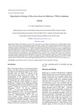 Reproductive Biology of Macrobrachium Lar (Fabricius, 1798) in Andaman