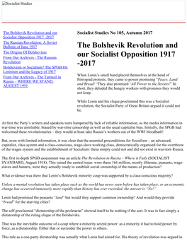 The Bolshevik Revolution and Our Socialist Opposition 1917 2017