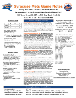 June 20Th Syracuse Mets Game Notes at Scranton:Wilkes-Barre Railriders