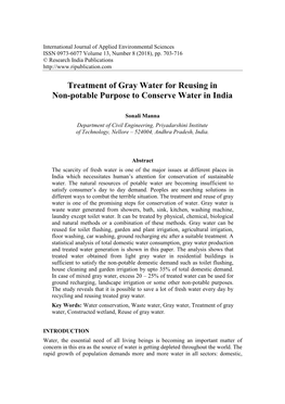 Treatment of Gray Water for Reusing in Non-Potable Purpose to Conserve Water in India