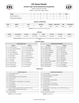 CFL Game Details Hamilton Tiger-Cats @ Saskatchewan Roughriders Week #2 - Game #8 - Year 2021 August 14, 2021-22:00 - Mosaic Stadium