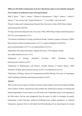 4000-Year-Old Reindeer Mitogenomes from the Volga-Kama Region Reveal Continuity Among the Forest Reindeer in Northeastern Part of European Russia