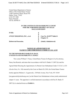 United States Department of Justice Office of the United States Trustee 1100 Commerce Street, Room 976 Dallas, Texas 75242 (214) 767-1088 Nancy Resnick TX No