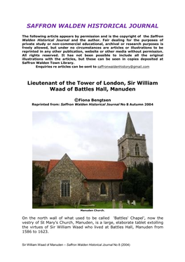 Sir William Waad of Manuden – Saffron Walden Historical Journal No 8 (2004)