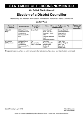 STATEMENT of PERSONS NOMINATED Election of a District