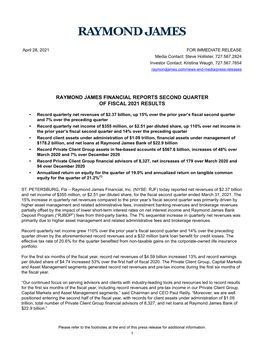 Raymond James Financial Reports Second Quarter of Fiscal 2021 Results