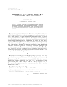 ON CURVATURE HOMOGENEOUS and LOCALLY HOMOGENEOUS AFFINE CONNECTIONS the Concept of a Curvature Homogeneous Riemannian Connection