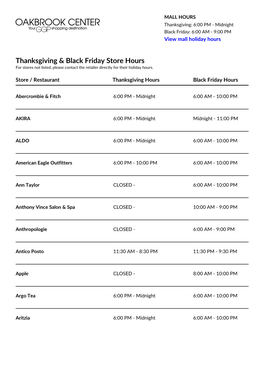 Thanksgiving & Black Friday Store Hours