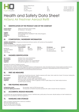 Health and Safety Data Sheet Airsenz Air Freshner Aerosol Refill