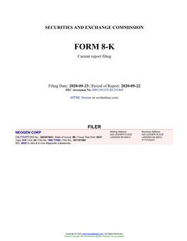 NEOGEN CORP Form 8-K Current Event Report Filed 2020-09-23