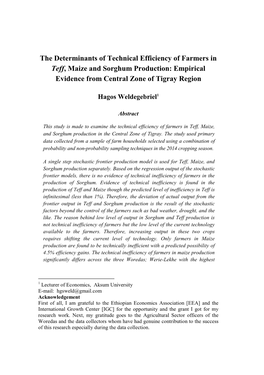 The Determinants of Technical Efficiency of Farmers in Teff, Maize and Sorghum Production: Empirical Evidence from Central Zone of Tigray Region