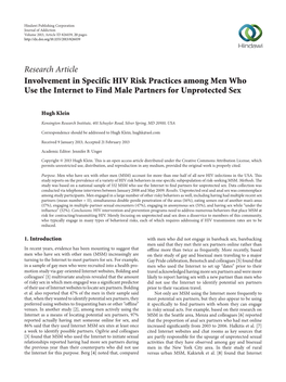 Involvement in Specific HIV Risk Practices Among Men Who Use the Internet to Find Male Partners for Unprotected Sex