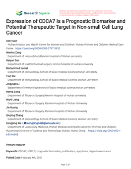 Expression of CDCA7 Is a Prognostic Biomarker and Potential Therapeutic Target in Non-Small Cell Lung Cancer