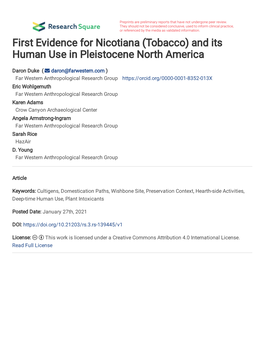 Tobacco) and Its Human Use in Pleistocene North America