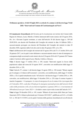 Ordinanza Speciale N. 14 Del 15 Luglio 2021 Ex Articolo 11, Comma 2, Del Decreto Legge 76 Del 2020