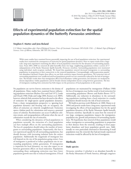 Effects of Experimental Population Extinction for the Spatial Population Dynamics of the Butterﬂ Y Parnassius Smintheus