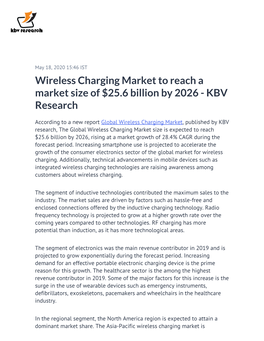 Wireless Charging Market to Reach a Market Size of $25.6 Billion by 2026 - KBV Research