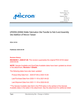 LPDDR4 (Z00M) Wafer Fabrication Site Transfer to Fab 6 and Assembly Site Addition of Micron Taiwan