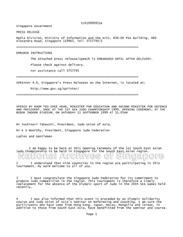 Tch19990911e Singapore Government PRESS RELEASE Media Division, Ministry of Information and the Arts, #36-00 PSA Building, 460 Alexandra Road, Singapore 119963